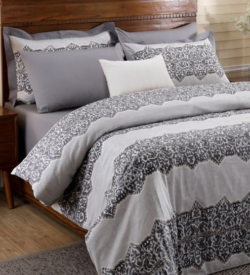 Buy Nomadic Greys Cotton 7 Pieces Double Bed Bedding Set By Maspar