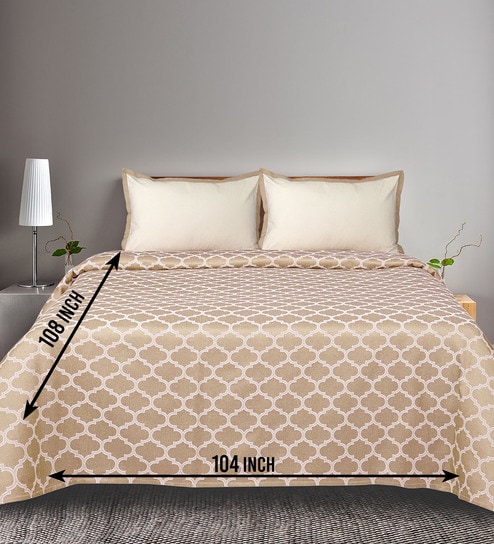 Beige Noor Cotton Floral Breathable & Queen Size Bedsheet With 2 Pillow Covers