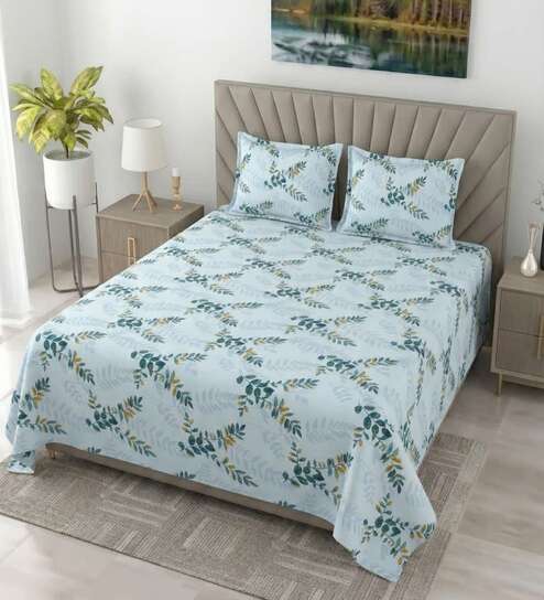 Nordic Blue Metro 186 TC Cotton King Bedsheet With 2 Pillow Covers