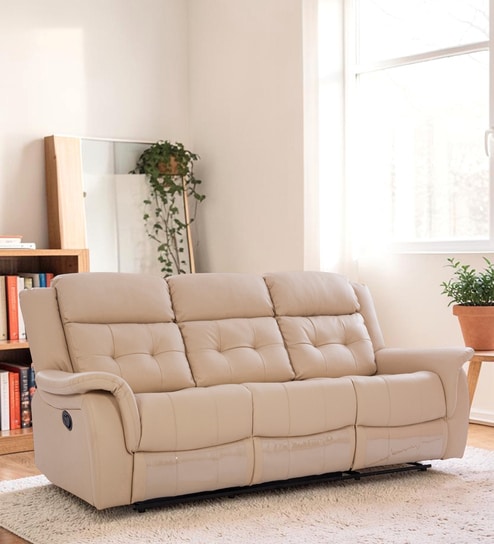Norton Leatherette 3 Seater Manual Recliner in Beige Colour