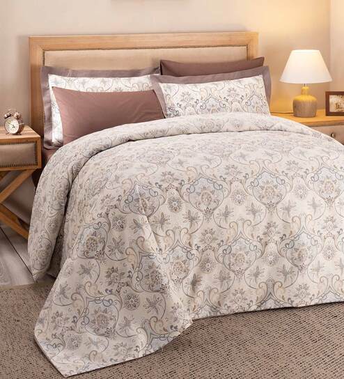 Beige Traditional Cotton Double Bed Duvet Cover With 2 Pillow Covers by Maspar