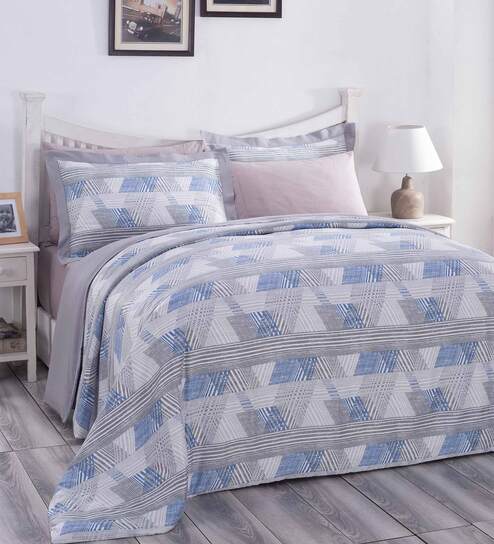 Blue Traditional Cotton Double Bed Duvet Cover With 2 Pillow Covers