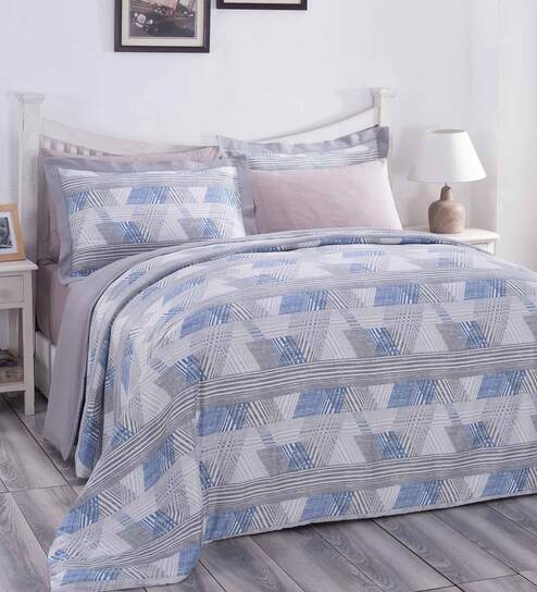 Blue Traditional Cotton Double Bed Duvet Cover With 2 Pillow Covers