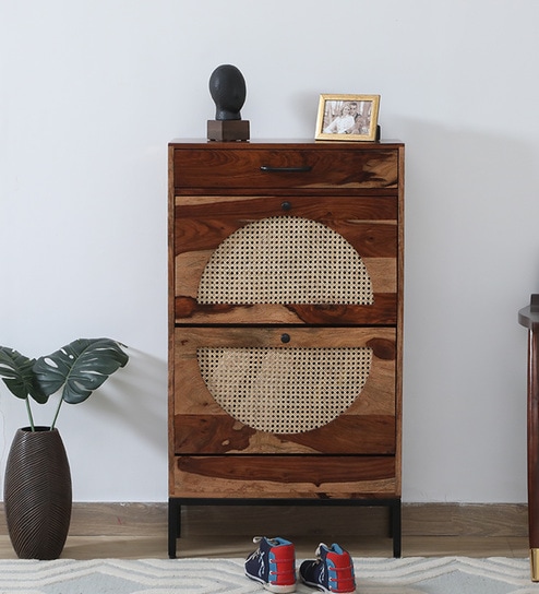 Novaska Sheesham Wood Shoe Cabinet in Rustic Teak Finish
