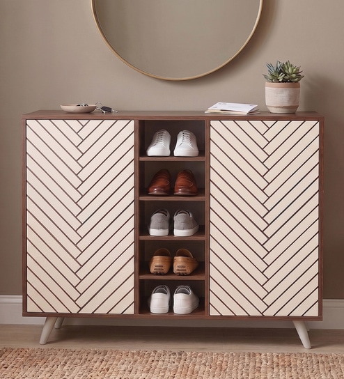 Novax Door Shoe Cabinet In Brown Maple & White Color