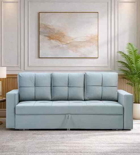Novelli Velvet Fabric Sofa Cum Bed in Mint Green Colour With Storage