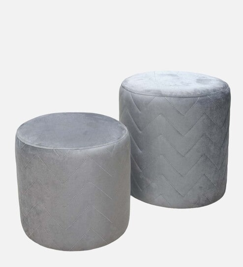 Novo Velvet Pouffe In Grey Colour (Set of 2)