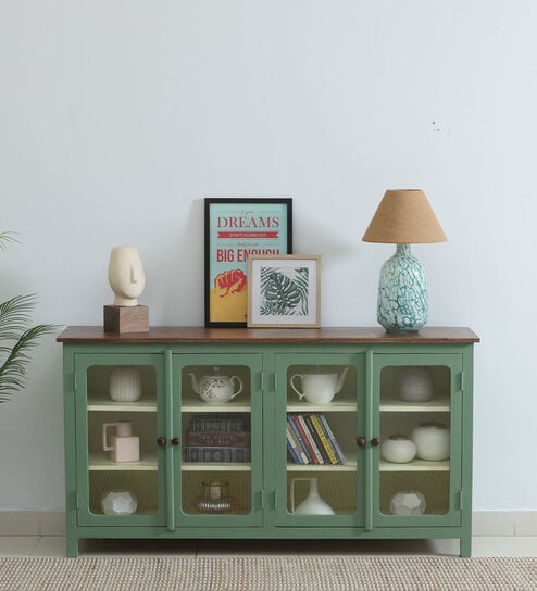 Noyes Mango Wood 4 Door Cabinet In Green Colour