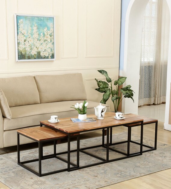 Buy Novre Solid Wood Coffee Table Set In Natural Finish Bohemiana By Pepperfry Online Nesting Coffee Tables Sets Tables Furniture Pepperfry Product