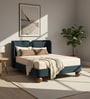 Nobella Opal Queen Size Bed in Grey Blue Velvet with Spherical Legs, Oak Wood Frame & Hydraulic Storage