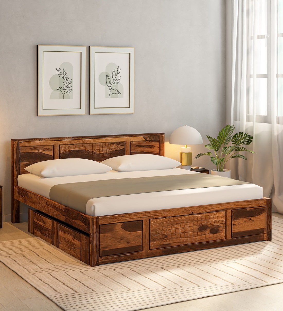 Buy Nuevo Sheesham Wood King Size Bed With Drawer Storage In Rustic ...