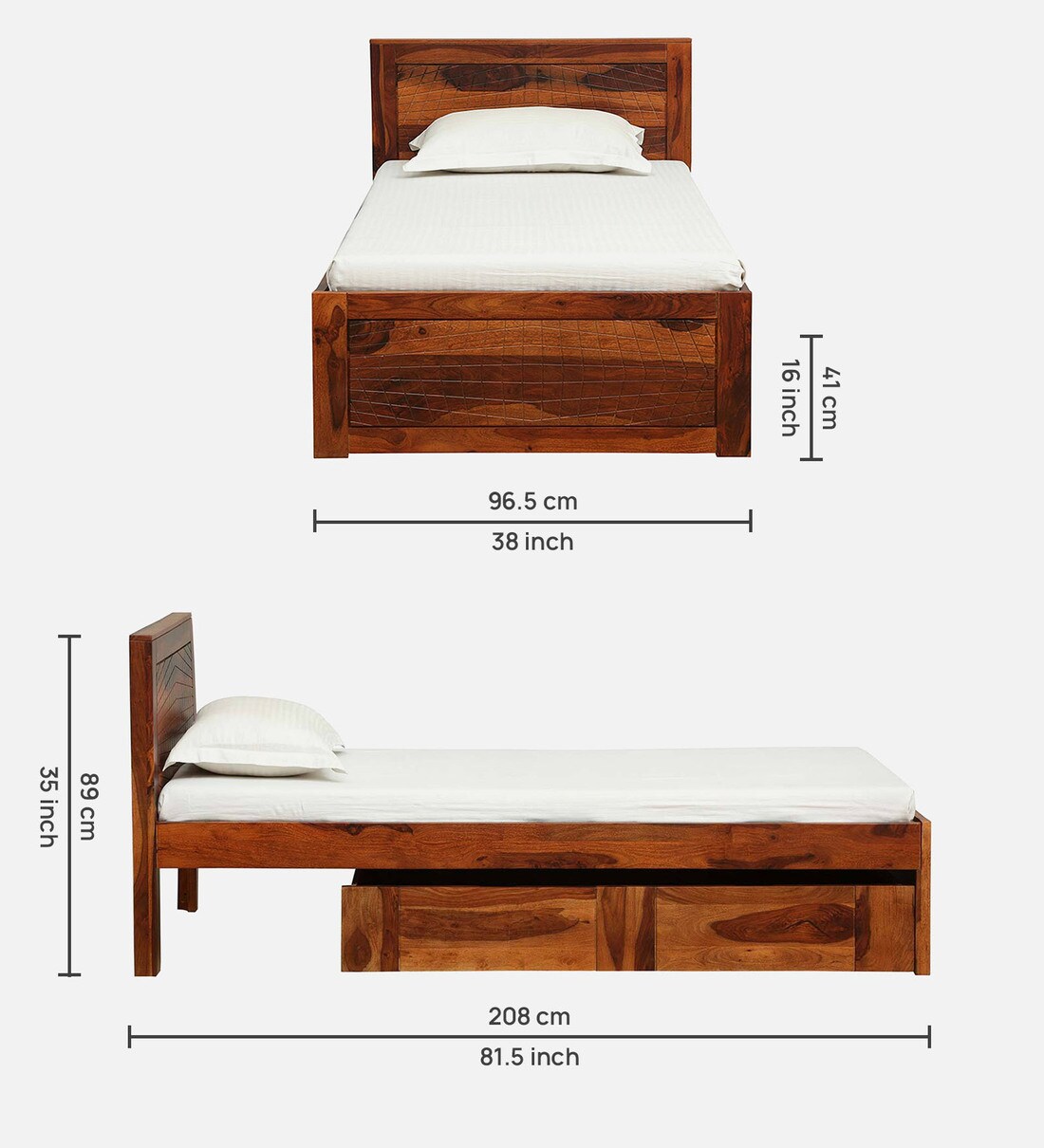 Buy Nuevo Sheesham Wood Single Bed In Honey Oak Finish With Drawer