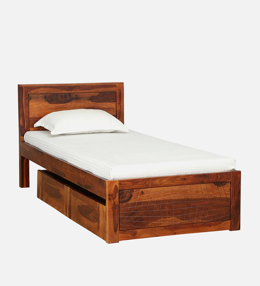 Buy Nuevo Sheesham Wood Single Bed In Honey Oak Finish With Drawer 