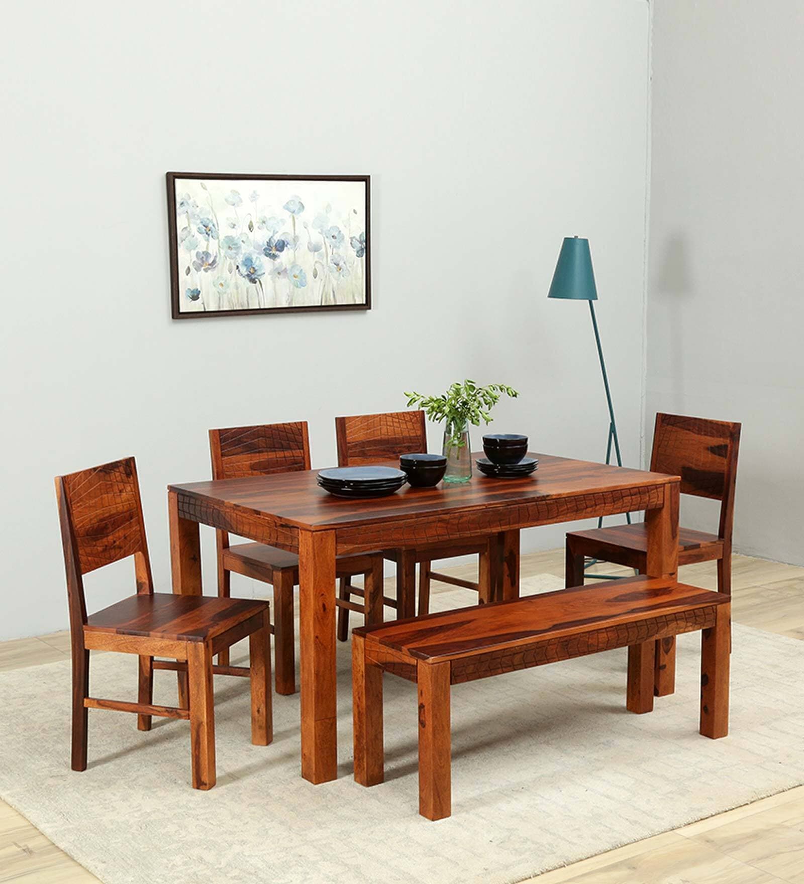 Nuevo Sheesham Wood 6 Seater Dining Set in Scratch Resistant Honey Oak Finish With Bench