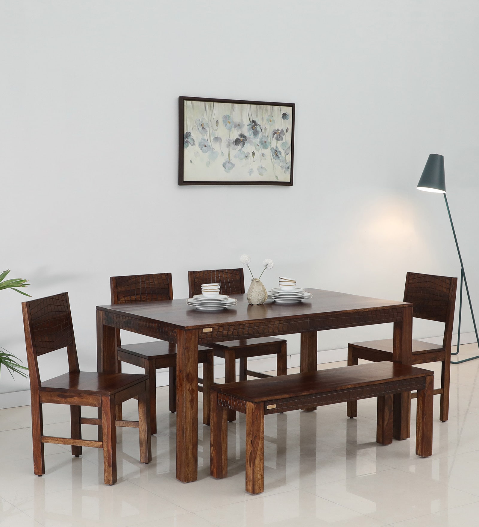 Nuevo Sheesham Wood 6 Seater Dining Set in Scratch Resistant Provincial Teak Finish With Bench