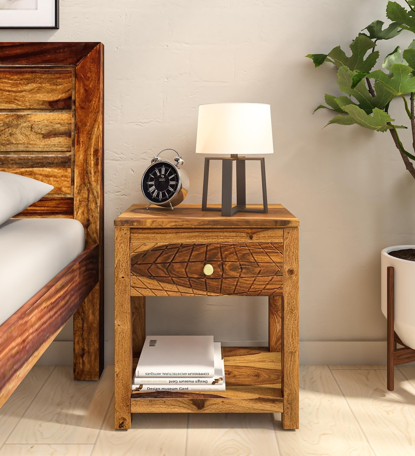 Nuevo Sheesham Wood Bedside Table In Scratch Resistant Rustic Teak Finish With Drawer