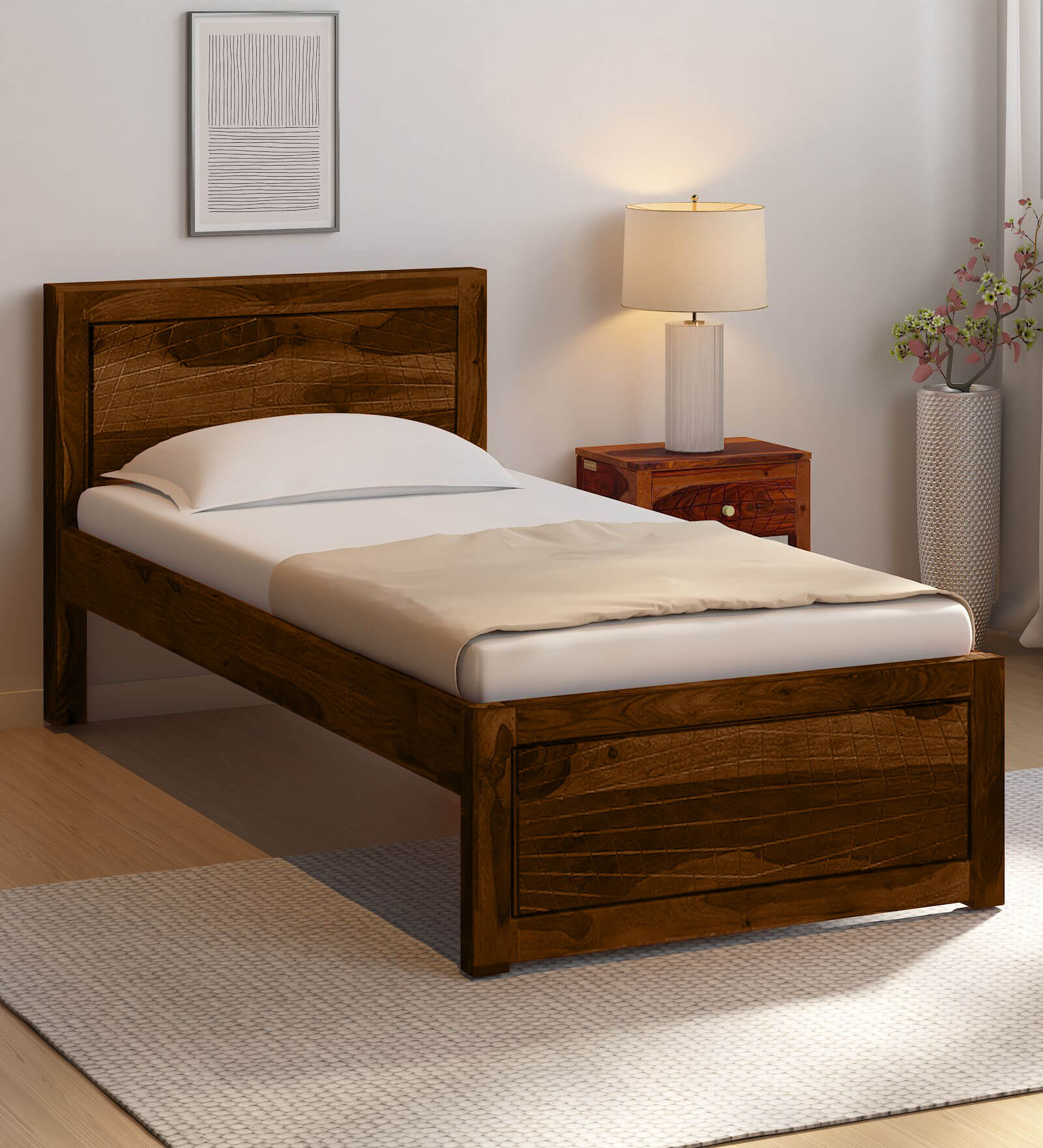 Nuevo Sheesham Wood Single Bed in Scratch Resistant Provincial Teak Finish