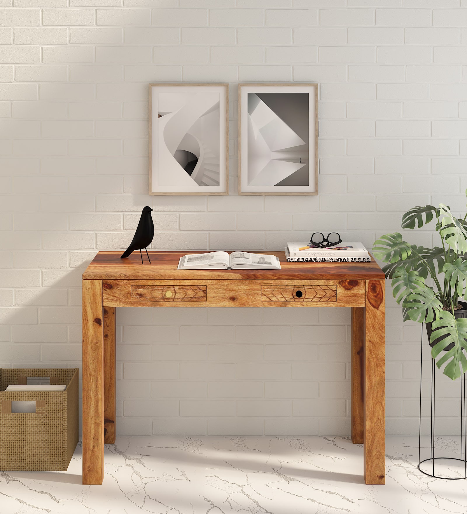 Nuevo Sheesham Wood Writing Table in Scratch Resistant Rustic Teak Finish With Drawers