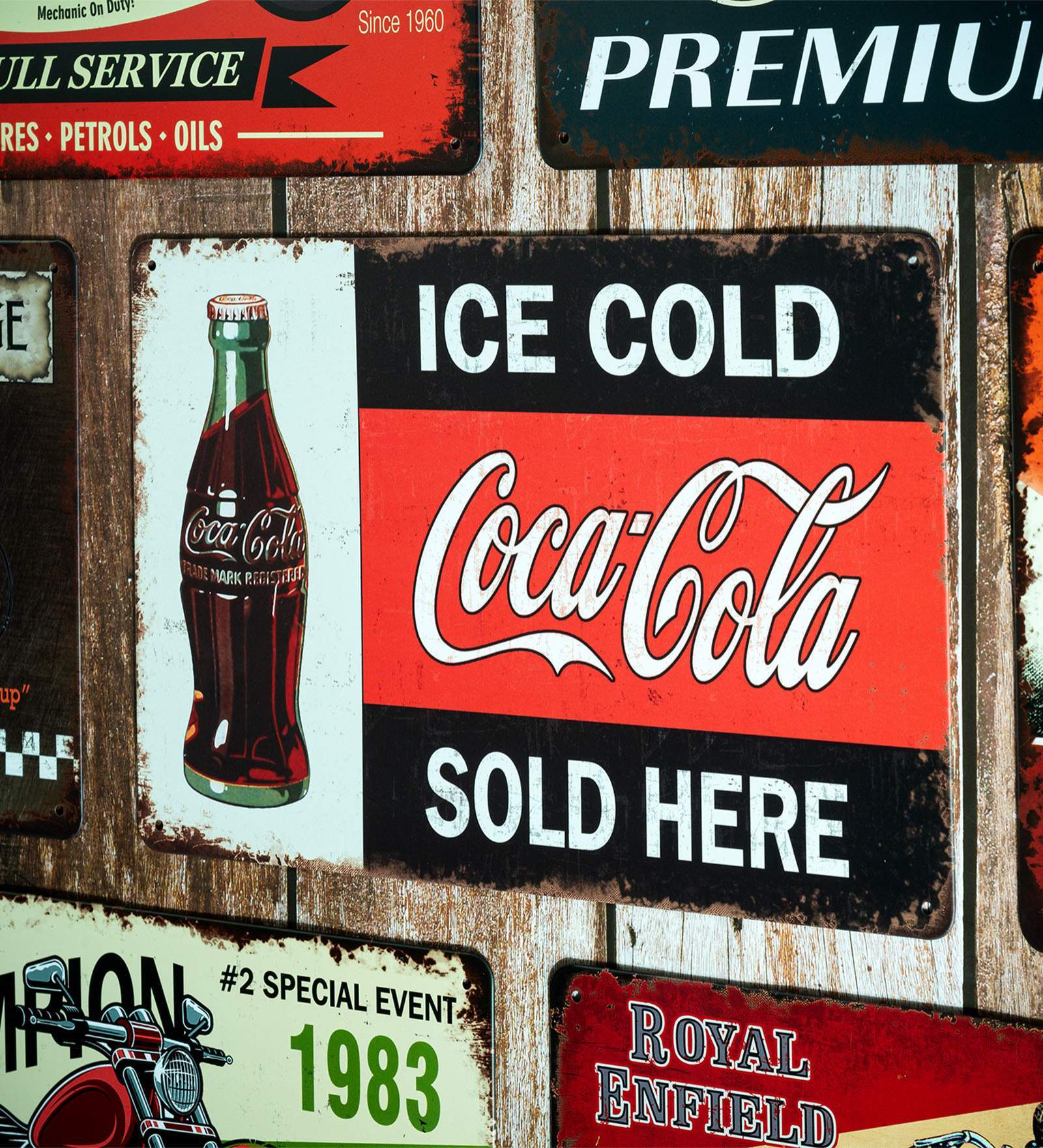 Big wall sign Ice Cold Cocacola sold Here Number Plate
