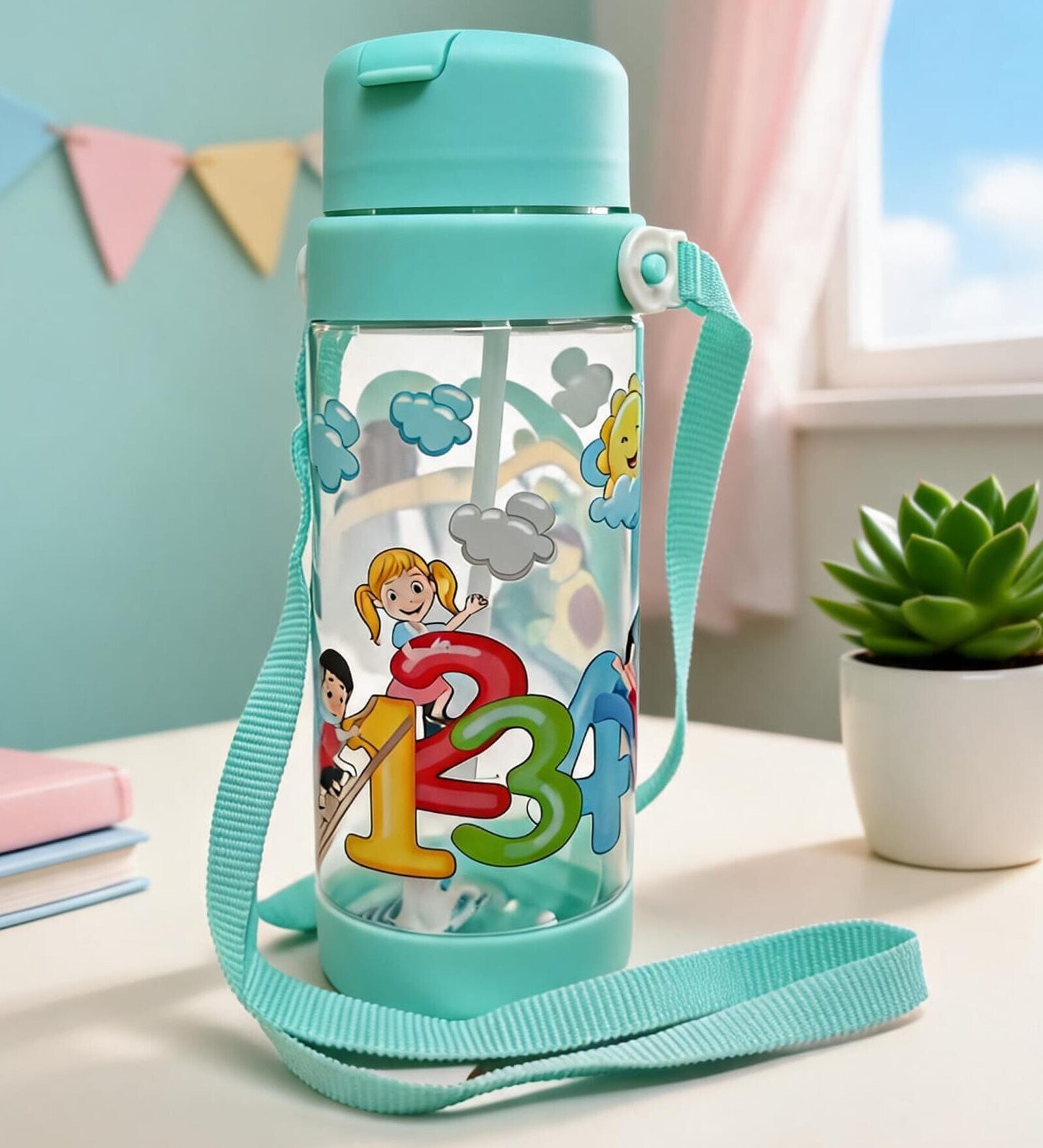 Light Green Numbers Printed Plastic Water Bottle with Straw & Carrying Strap, 600 ml