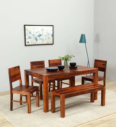 Nuevo Sheesham Wood 6 Seater Dining Set in Scratch Resistant Honey Oak Finish With Bench