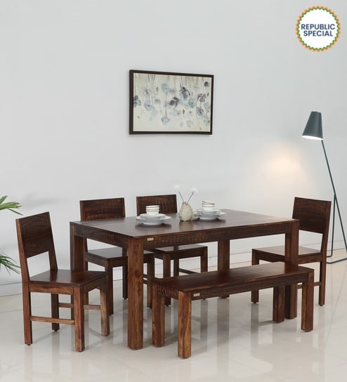 Nuevo Sheesham Wood 6 Seater Dining Set in Scratch Resistant Provincial Teak Finish With Bench
