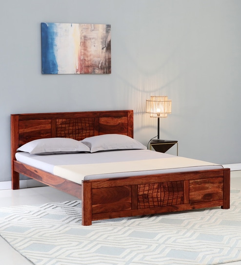 Buy Nuevo Sheesham Wood Queen Size Bed in Scratch Resistant Honey Oak ...