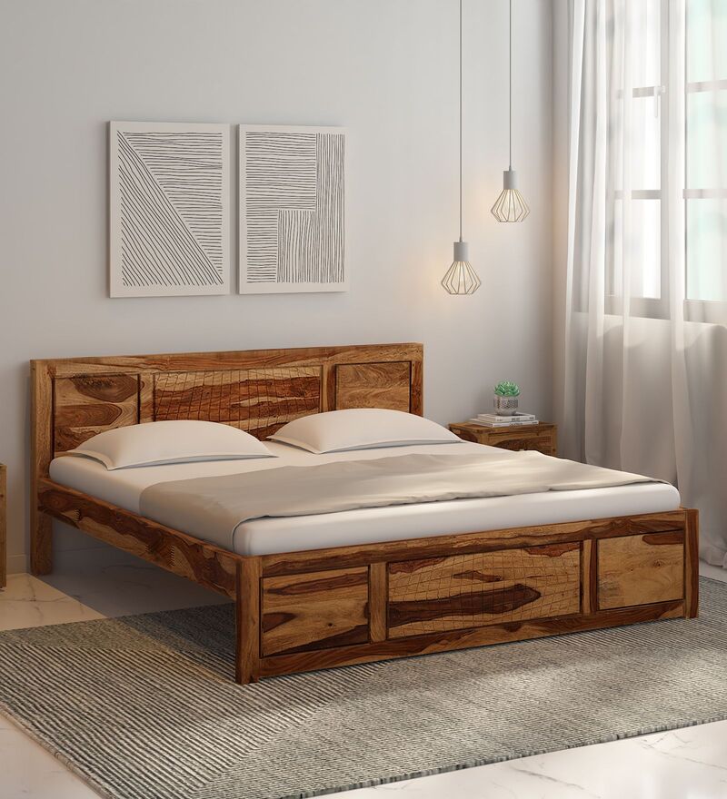 Buy Nuevo Sheesham Wood Queen Size Bed In Rustic Teak Finish By Woodsworth Online Contemporary