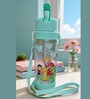 Light Green Numbers Printed Plastic Water Bottle with Straw & Carrying Strap, 600 ml