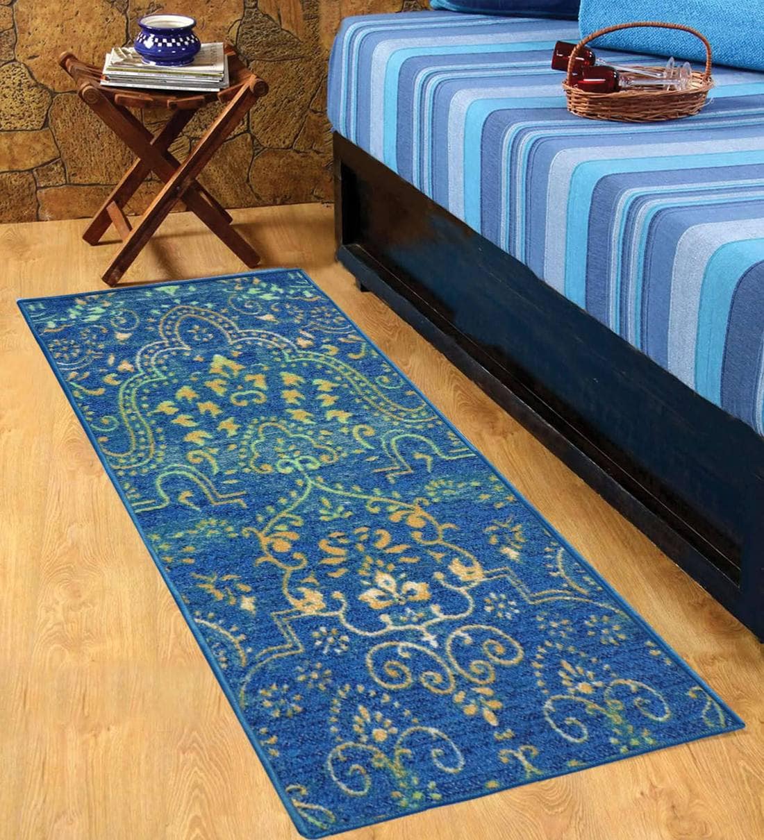 Buy Blue Nylon Machine Made 55X22 Inches Bed Side Runners By Status