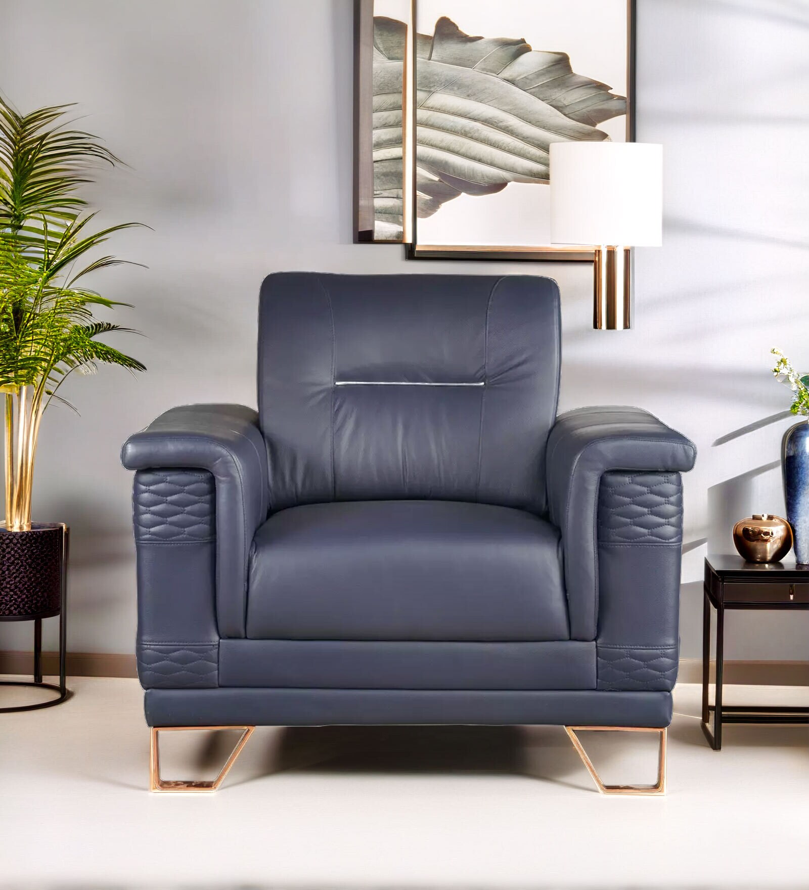 Nyke Leather 1 Seater Sofa in Blue Colour