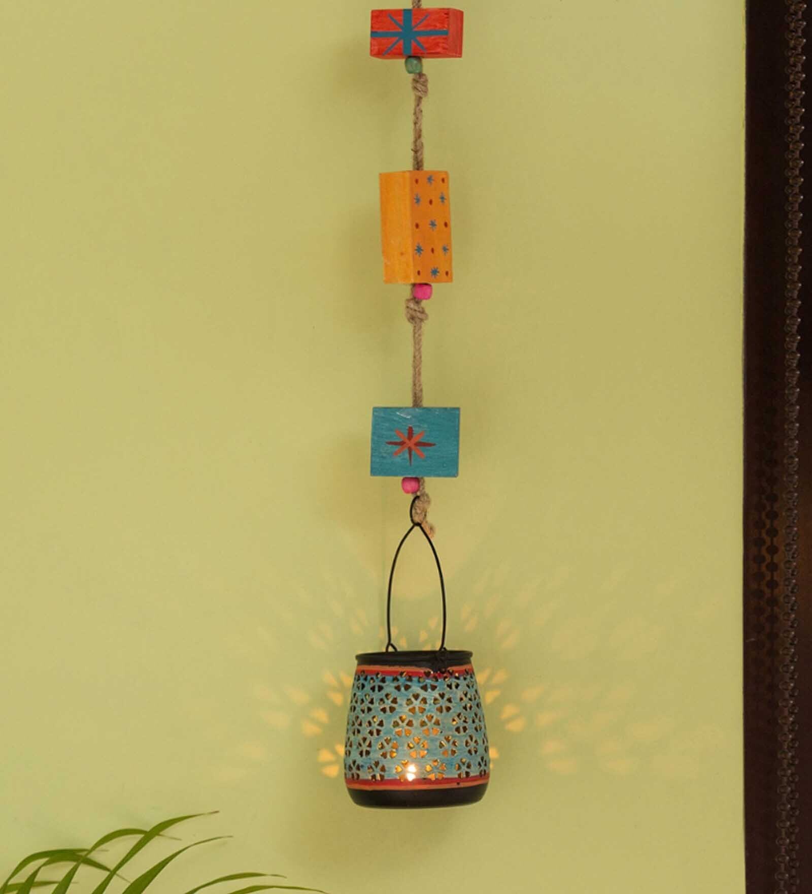 Oasis Radiance Blue Iron & Wood Wall
Hanging Tea Light Holder