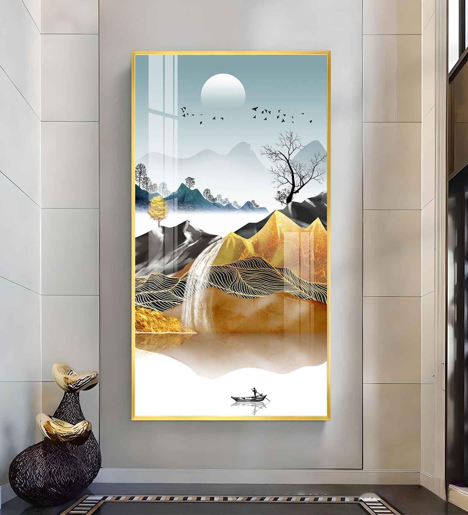 Oat and Birds Artwork Glass Finish Vertical Wall Art