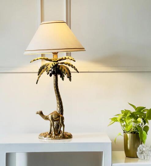 Antique Brass Finish Metal Design Tropical Oasis Camel Palm Tree|Table Lamp