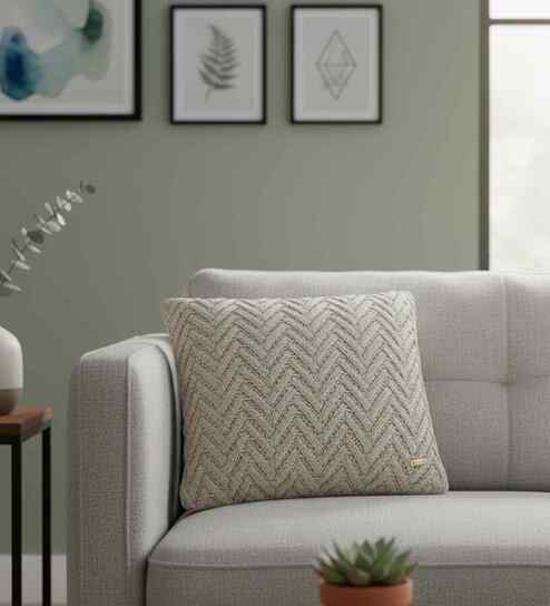 Oatmeal 100% Cotton Chevron 16X16 Inches Knitted Cushion Cover
