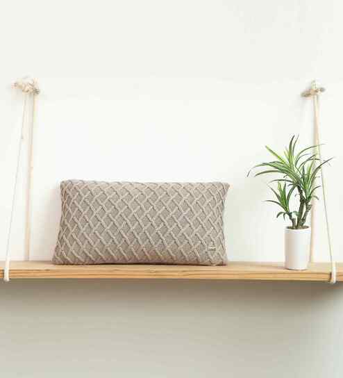 Oatmeal 100% Cotton Crest 12X20 Inches Knitted Cushion Cover