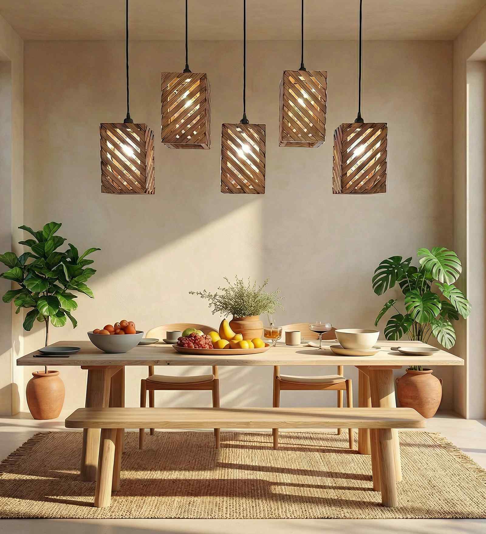 Oblique 5 Lights Brown Solid Wood Linear Chandelier Cluster Hanging Light