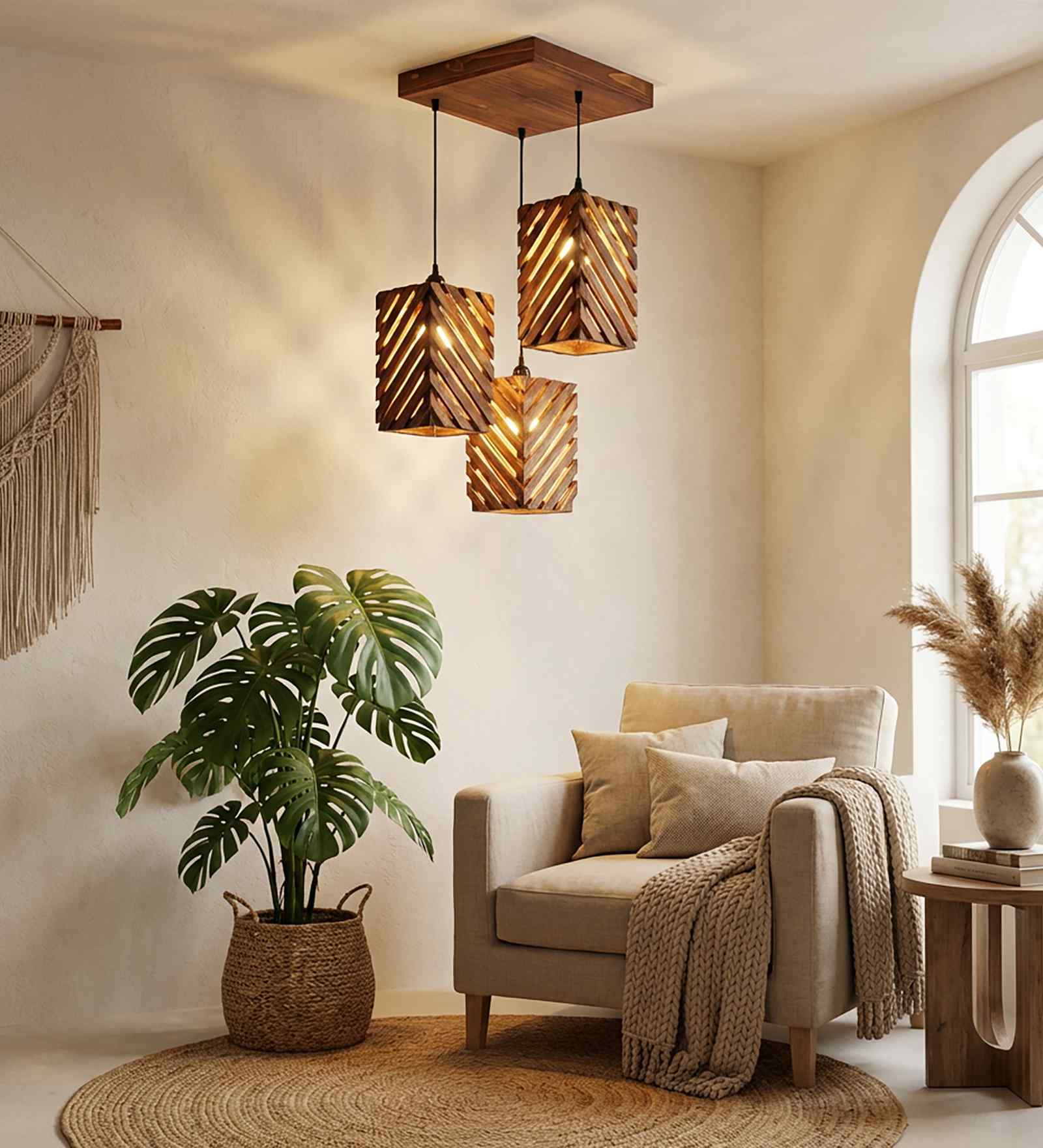 Oblique Brown Solid Wood Cluster Hanging Light