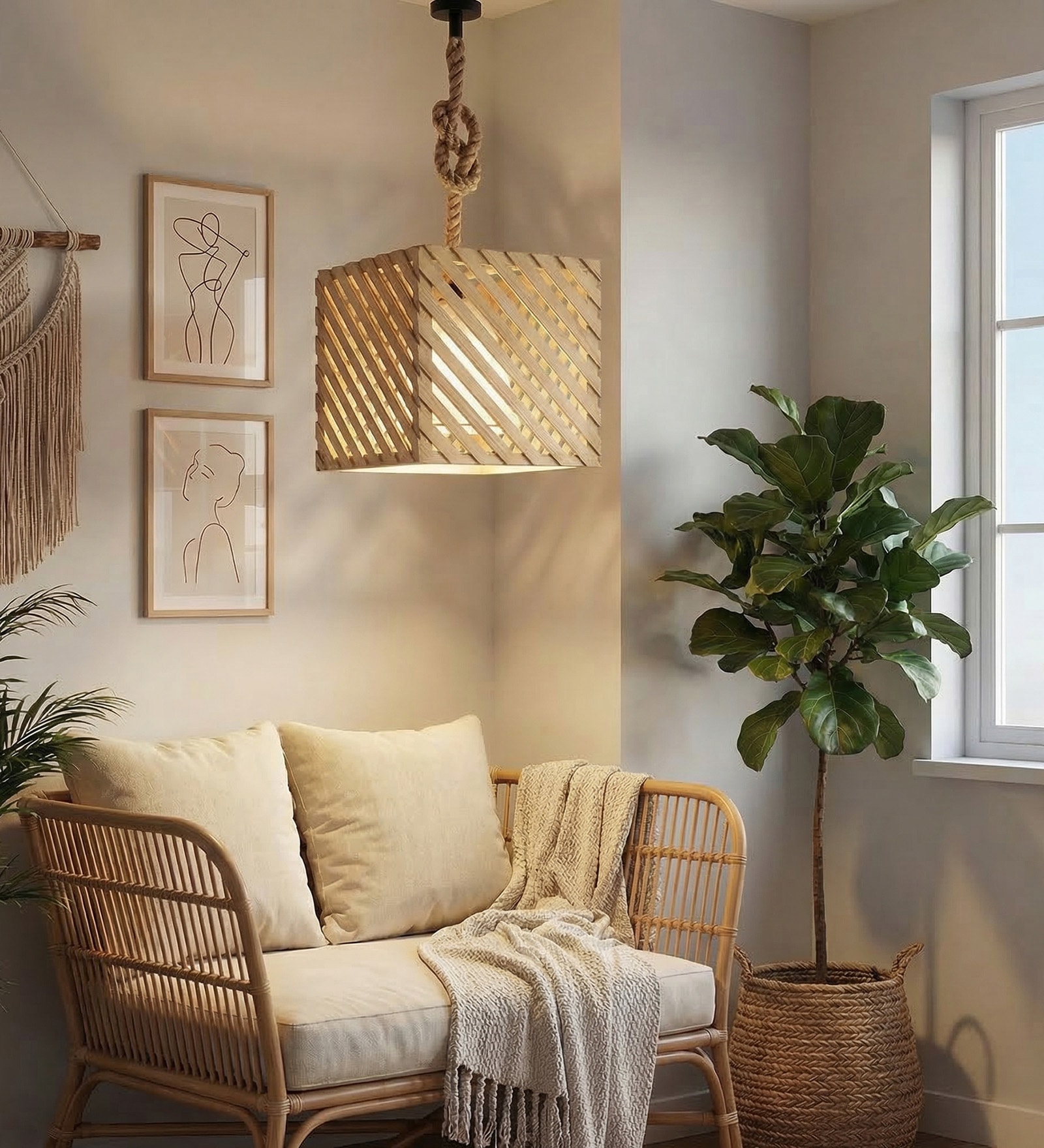 Oblique Brown Solid Wood Single Hanging Light