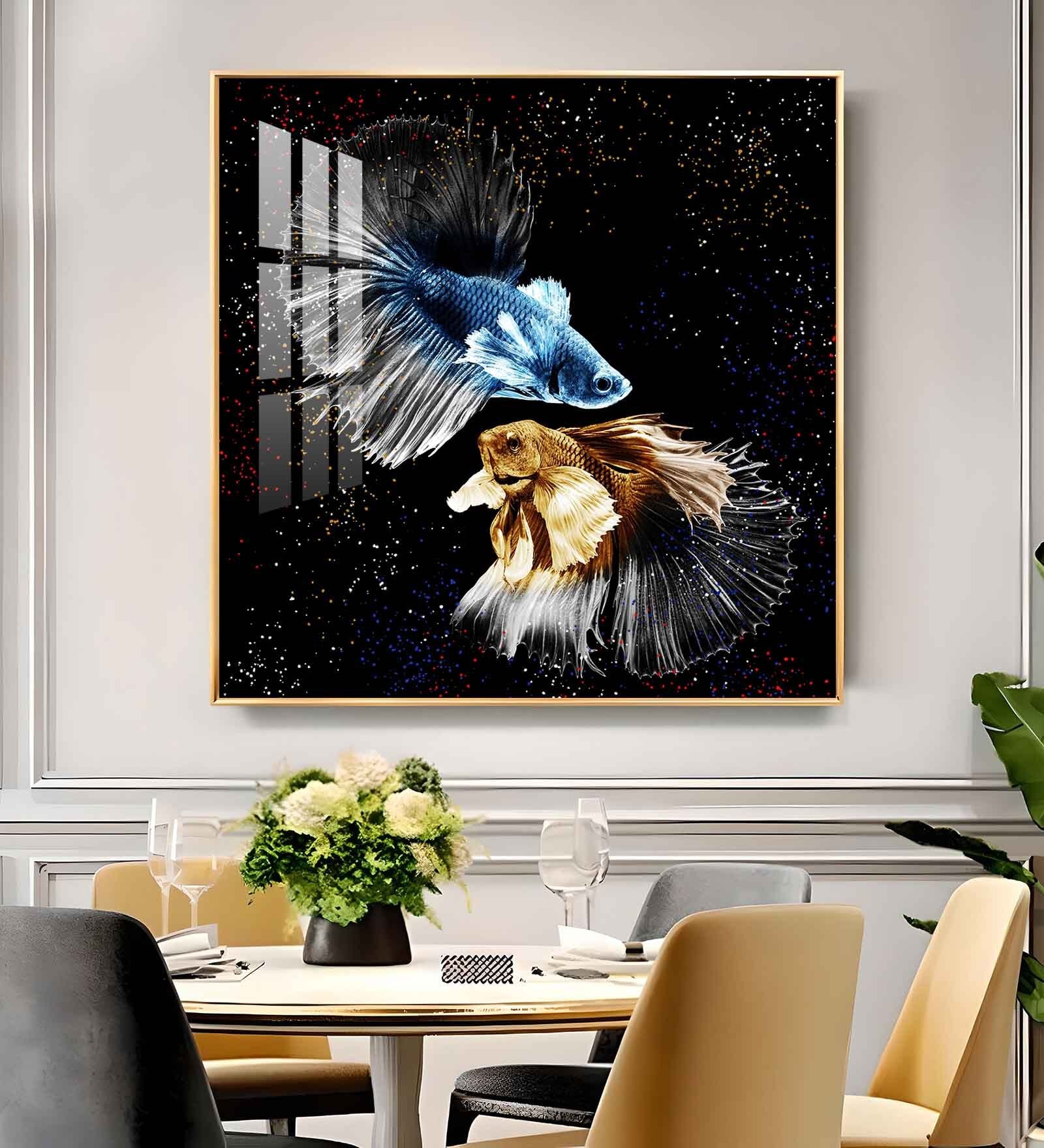 Obsidian Two Fishes Glass Finish Square Wall Art