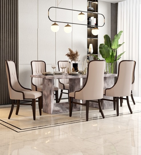 Oberon Marble Top 6 Seater Dining Set In Brown Colour