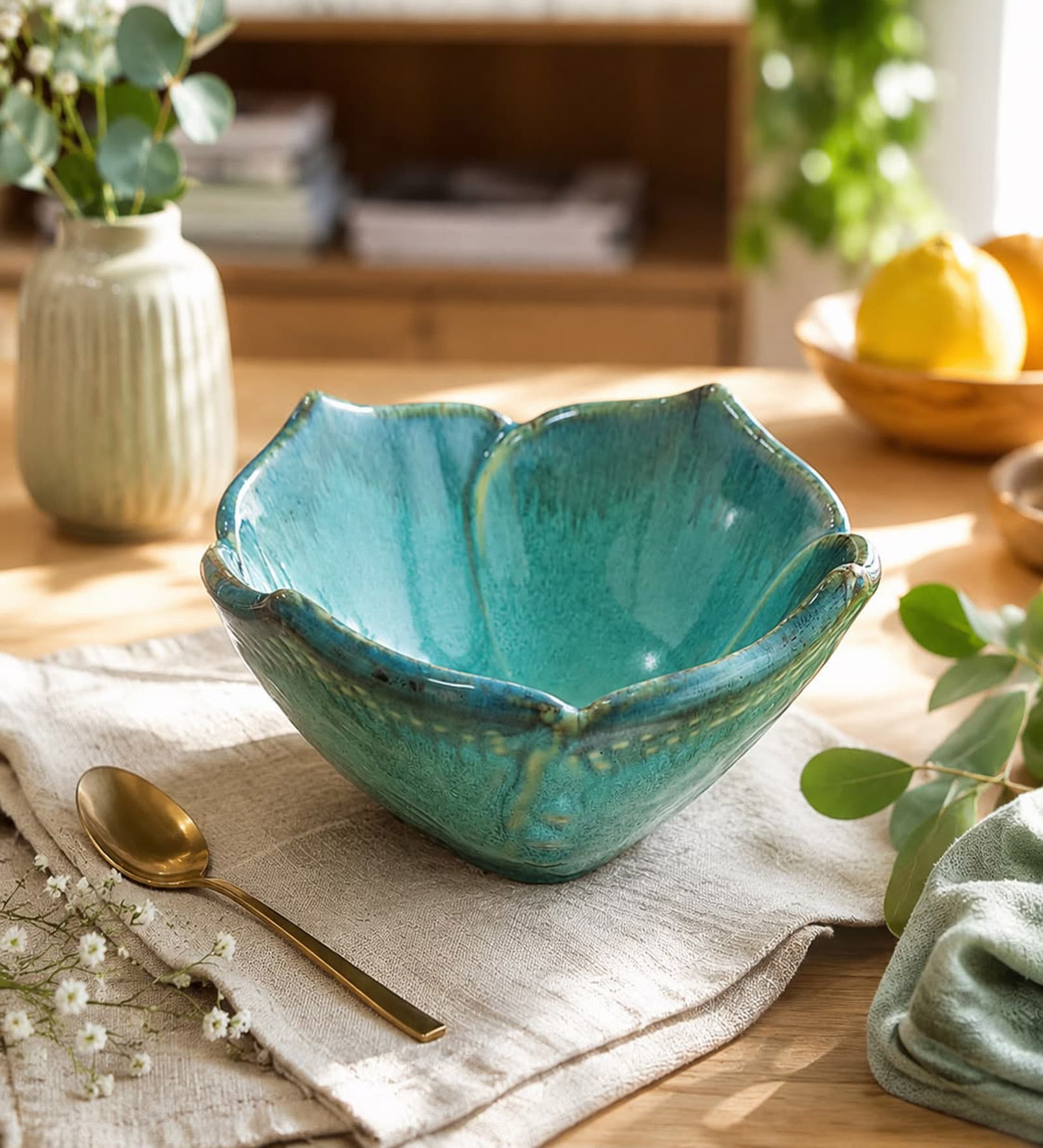 Ocean Bloom Handmade Ceramic Serving Bowl, 500 Ml