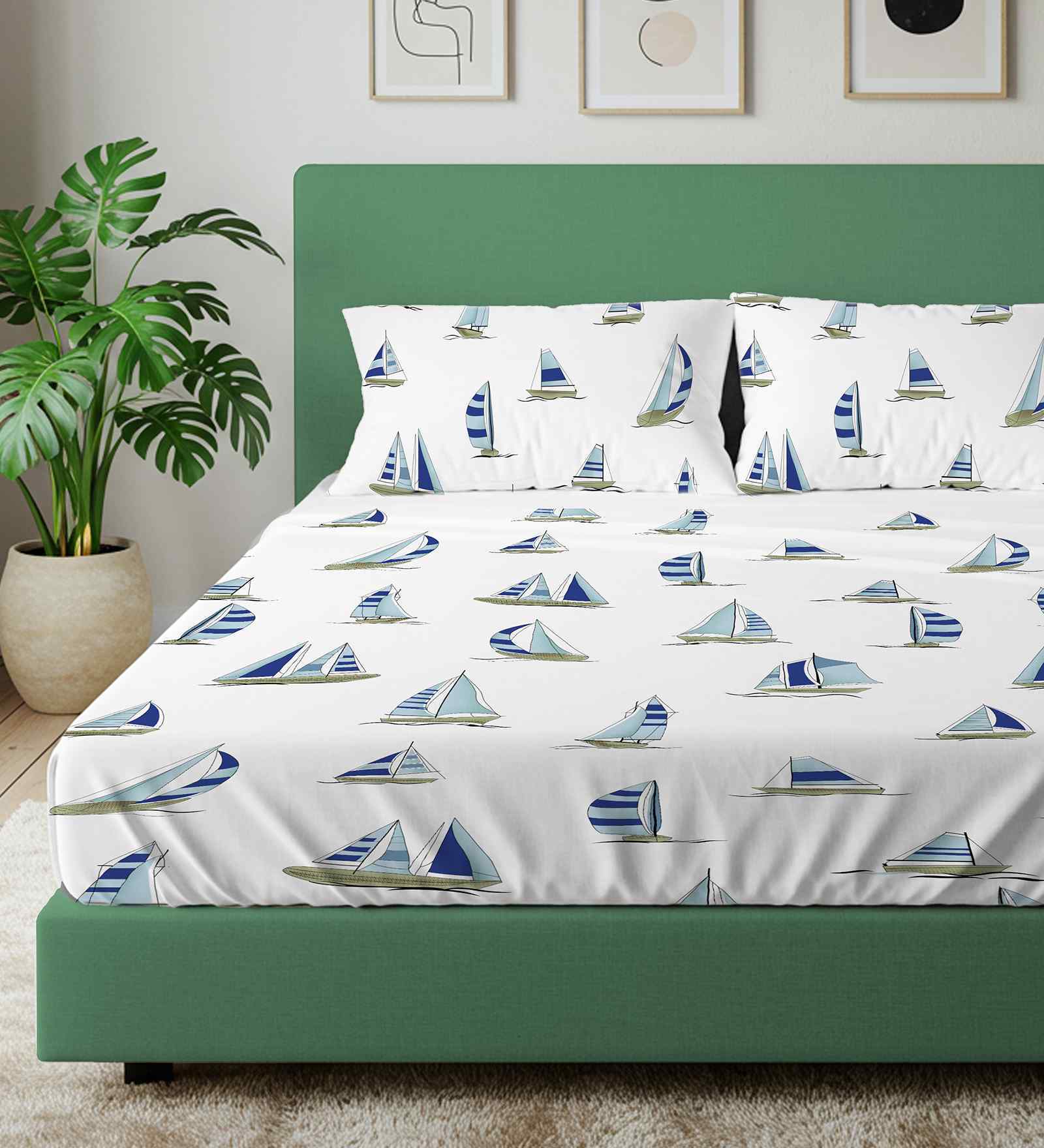 Ocean Boats Blue 144 Tc Cotton King Bedsheet With 2 Pillow Covers