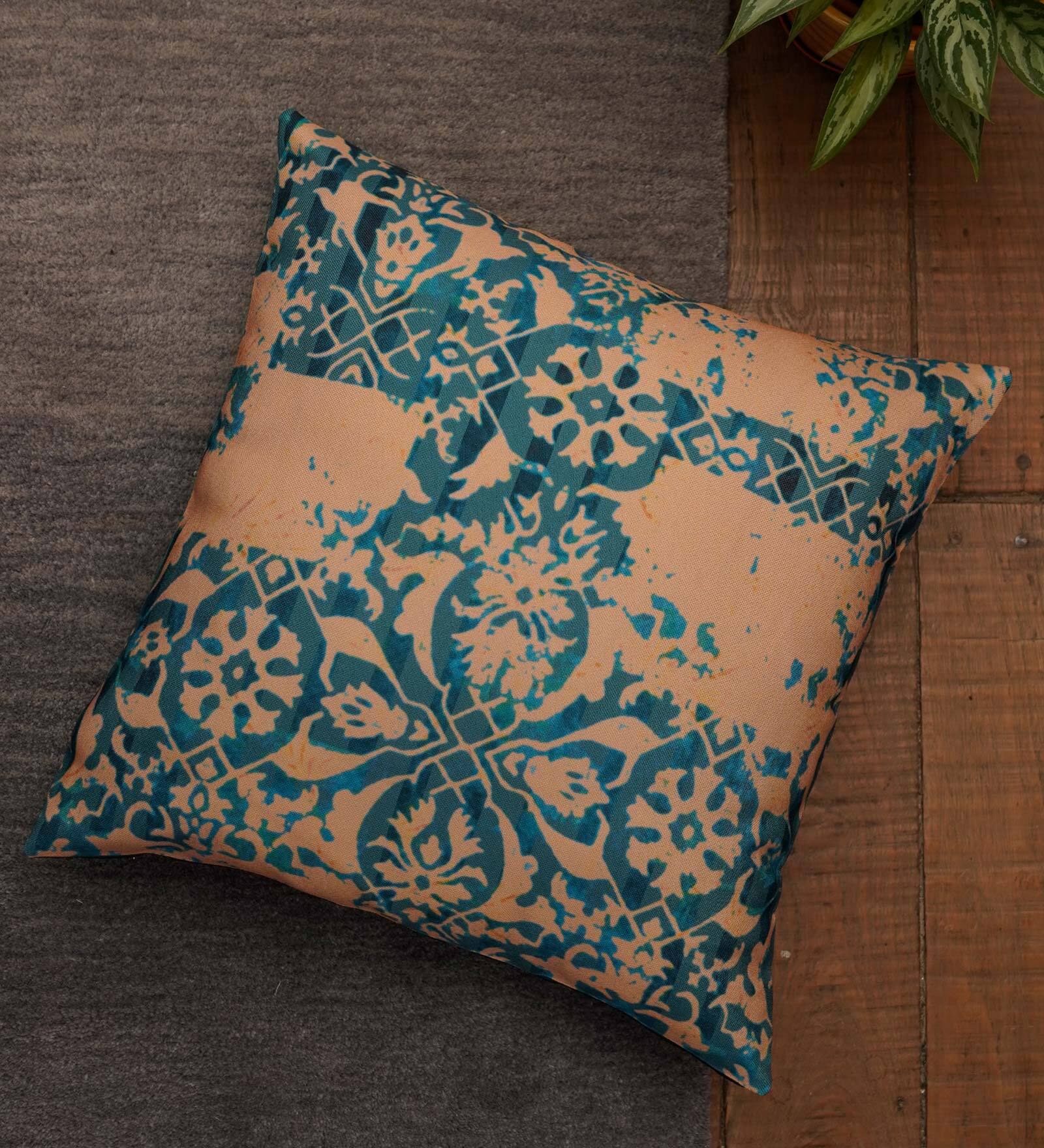 Ocher Blue Traditional Poly Canvas 16 x 16 Inches Cushion Cover