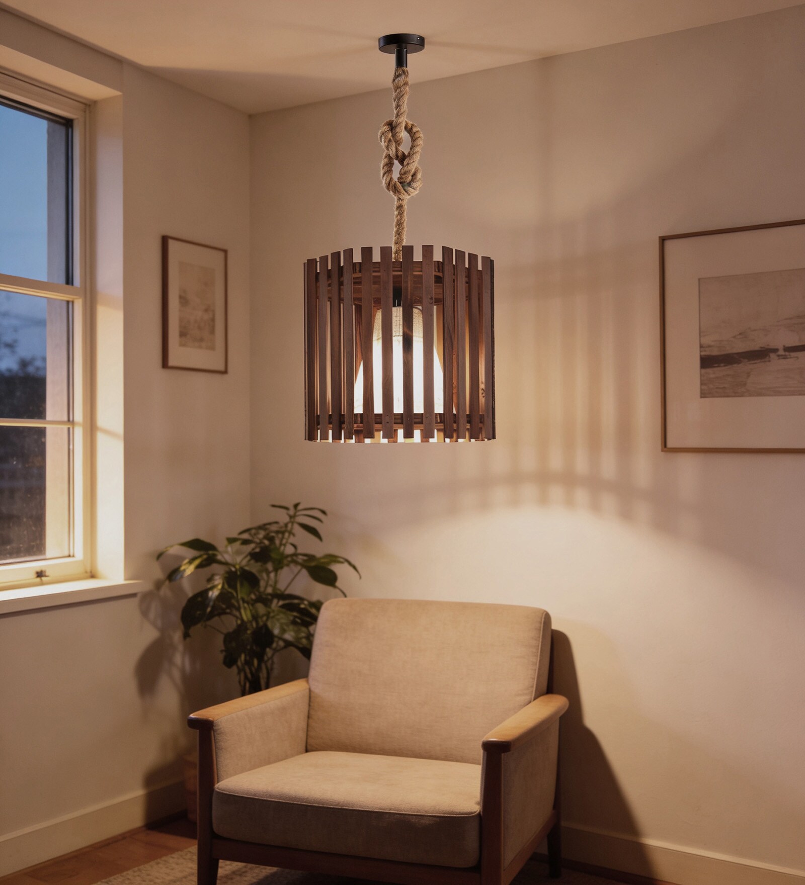 Octa Beige & Brown Solid Wood Single Hanging Light