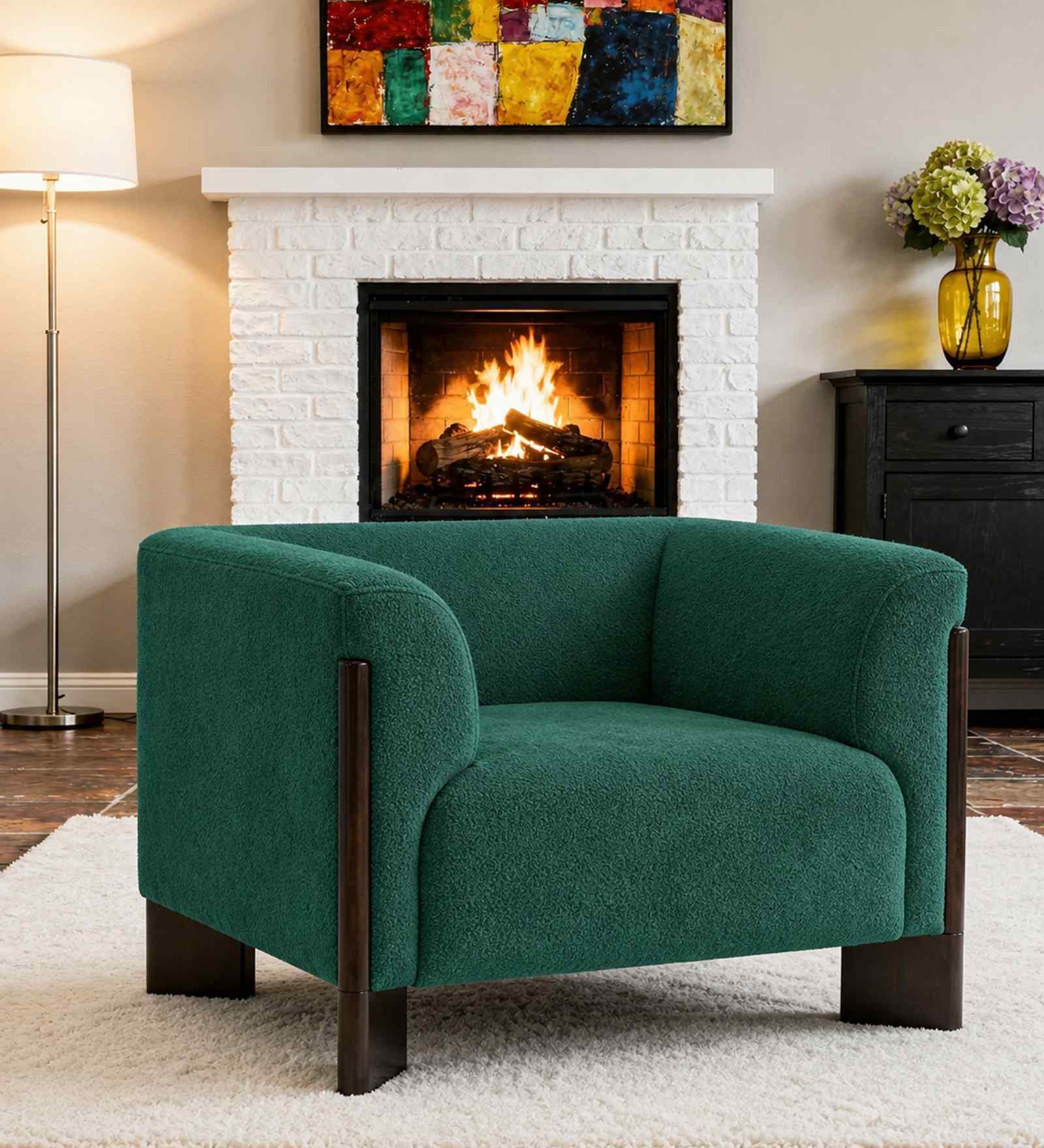 Octavia Boucle Fabric Lounge Chair In  Green Colour