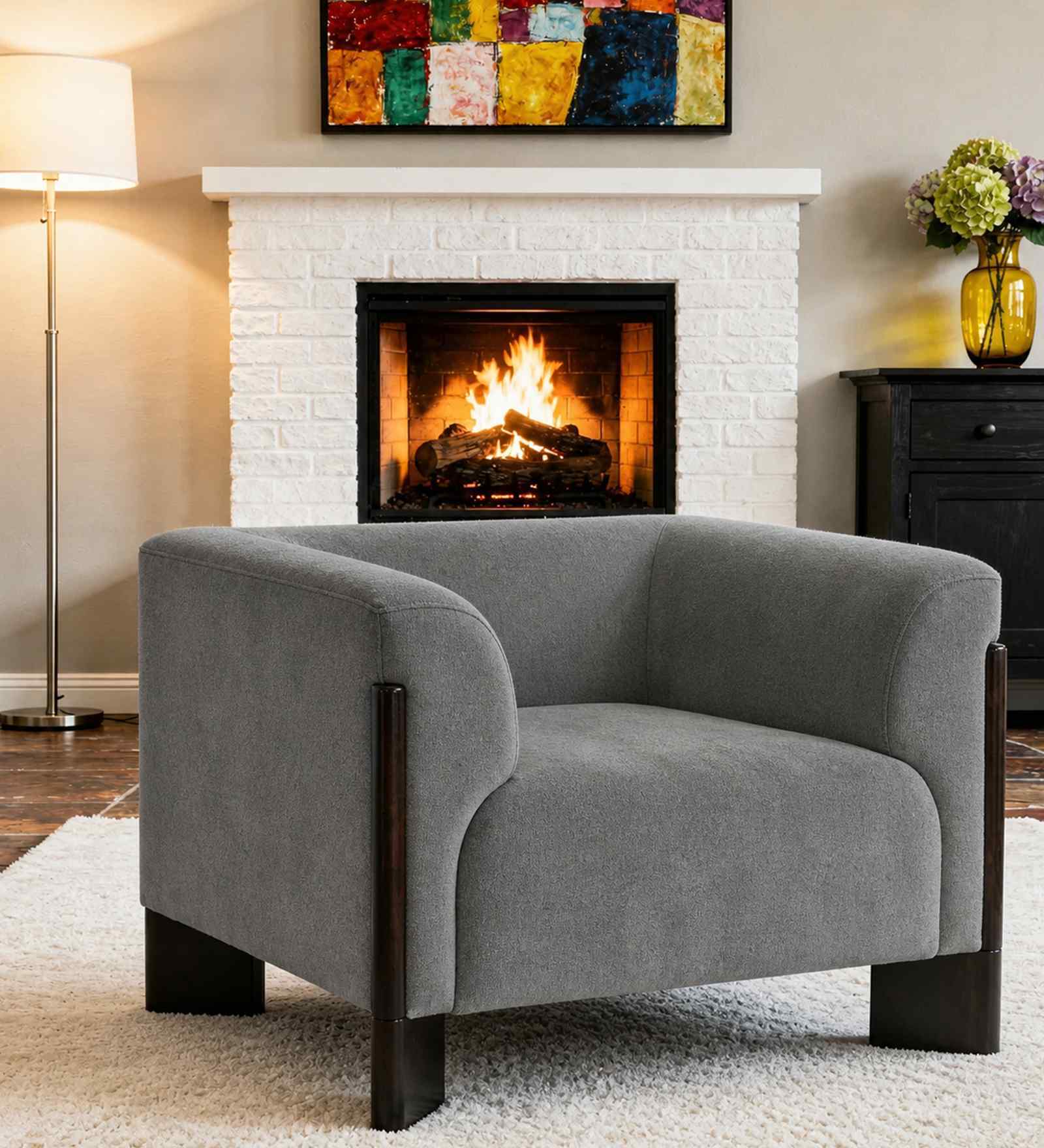 Octavia Boucle Fabric Lounge Chair In Grey Colour