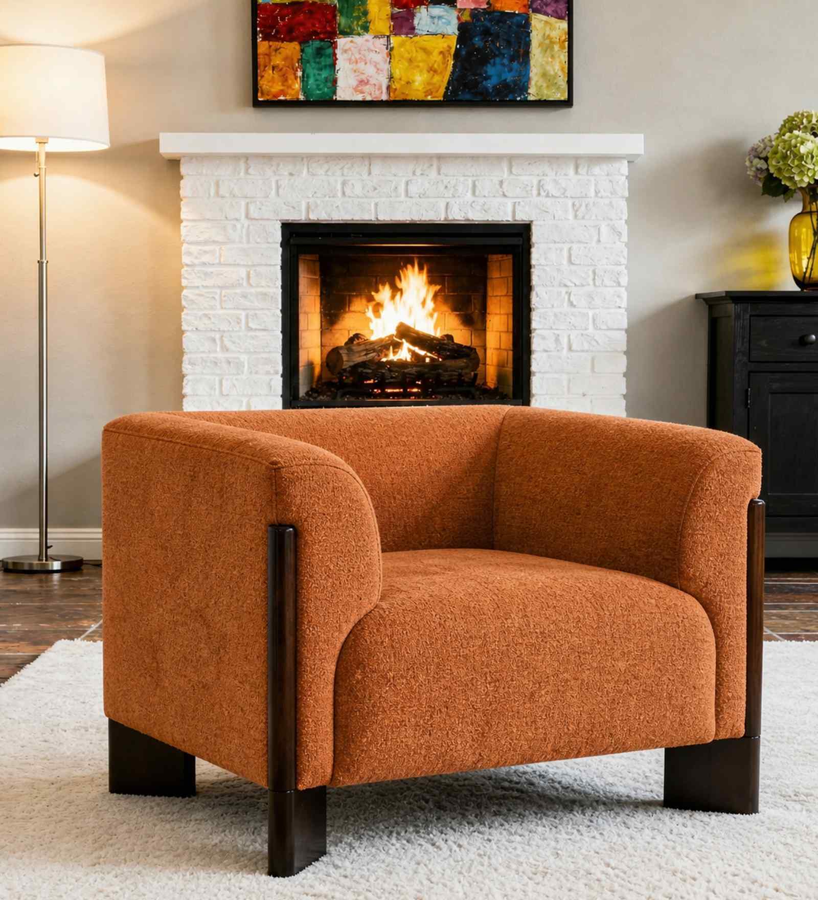 Octavia Boucle Fabric Lounge Chair In Orange Colour