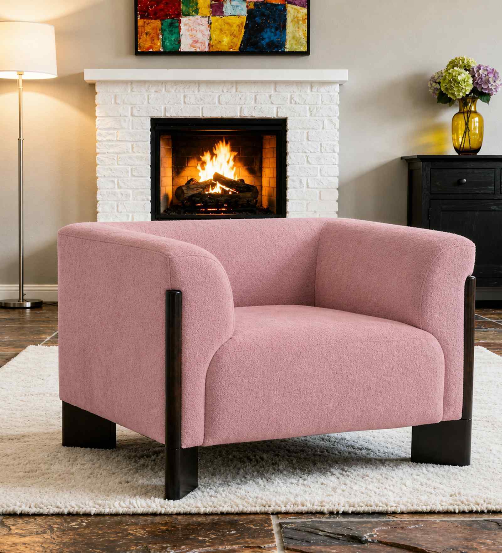 Octavia Boucle Fabric Lounge Chair In Pink Colour