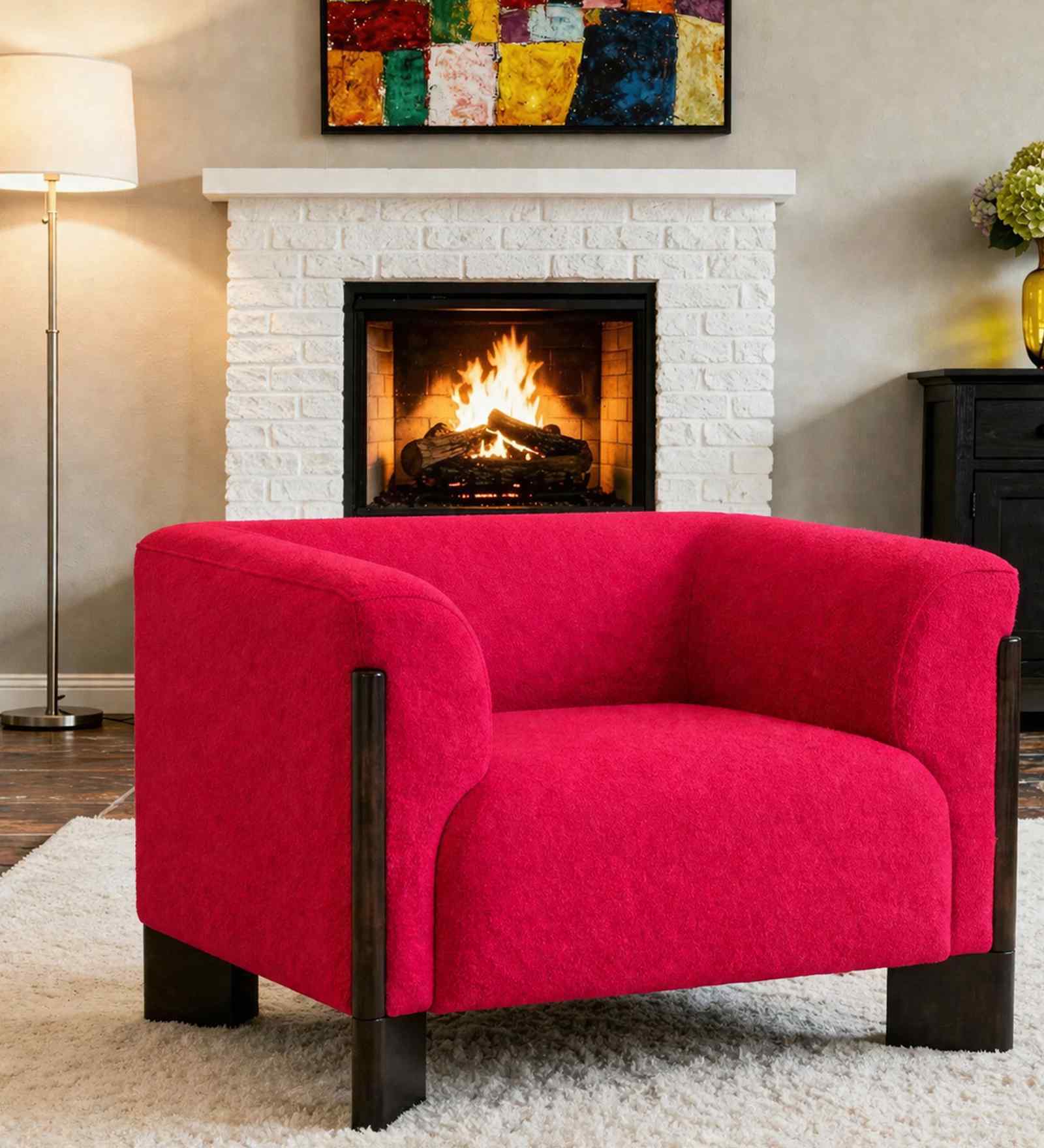 Octavia Boucle Fabric Lounge Chair In Red Colour